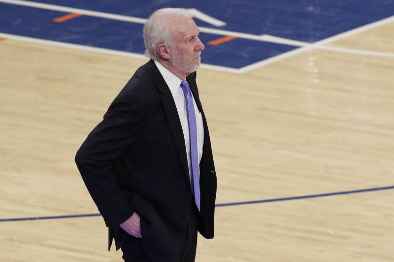 San Antonio Spurs head coach Gregg Popovich stands near the bench in the second half against the New York Knicks on January 2, 2018 at Madison Square Garden in New York City. Photo by John Angelillo/UPI | <a href="/News_Photos/lp/690d393f7a3330298e3673e5600d94d8/" target="_blank">License Photo</a>