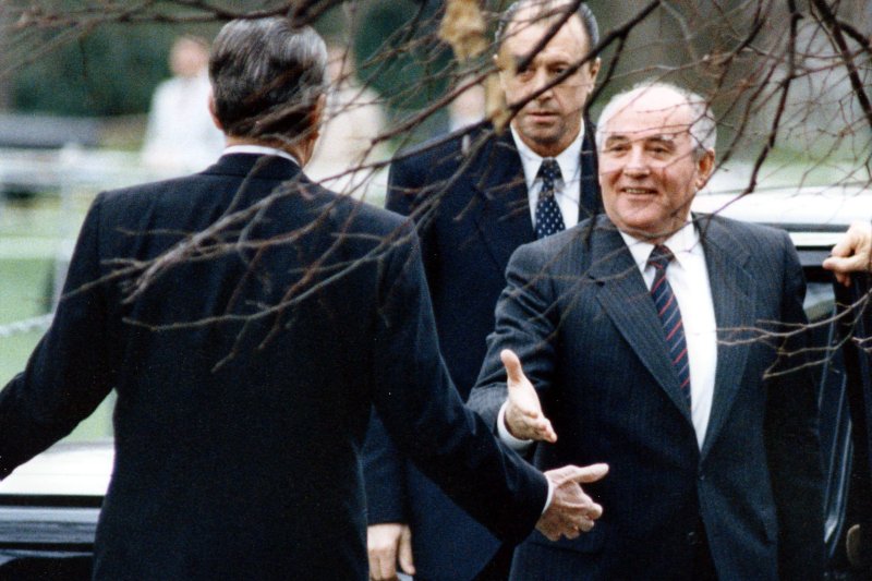 U.S. President Ronald Reagan welcomes Soviet leader Mikhail Gorbachev to the White House in Washington on December 10, 1987. The two met many times and had respect for one another. UPI Photo/File