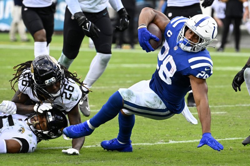 Indianapolis Colts running back Jonathan Taylor (R) sustained an ankle injury in Week 4. File Photo by Joe Marino/UPI | <a href="/News_Photos/lp/fb678464b735a2acc10abad460492697/" target="_blank">License Photo</a>