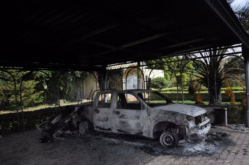 A burnt building is seen at the United States consulate, one day after armed men stormed the compound and killed the U.S. Ambassador Christopher Stevens and three others in Benghazi, Libya on September 12, 2012. The gunman were protesting a little known film by an American amateur filmmaker that angered Muslims as it was deemed insulting to the Prophet Mohammad. UPI/Tariq AL-hun | <a href="/News_Photos/lp/2bbdbb0b168e511e29aed053e33d6d4a/" target="_blank">License Photo</a>