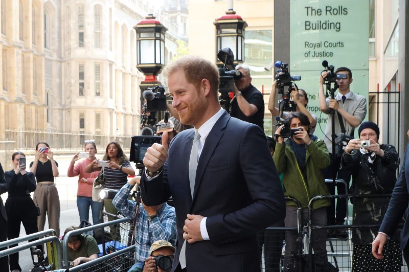 Prince Harry leaves the Royal Courts of Justice after the final day of evidence in his libel case against Mirror Group Newspapers over alleged phone hacking in London on June 7. File Photo by Hugo Philpott/UPI