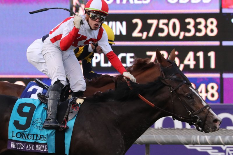 Irad Ortiz Jr. celebrates aboard Bricks and Mortar as he wins the Breeders Cup Turf race during the 36th Breeders Cup World Championship at the Santa Anita Park in Arcadia, Calif., on Saturday. Photo by Mark Abraham/UPI | <a href="/News_Photos/lp/a203873652240e1a04da7fb19e3e23b5/" target="_blank">License Photo</a>