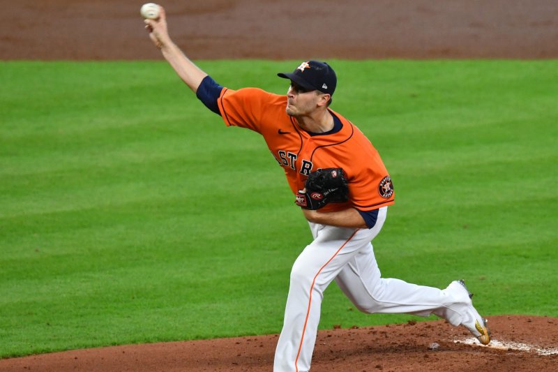 Starting pitcher Jake Odorizzi spent the 2021 season with the Houston Astros. File Photo by Maria Lysaker/UPI | <a href="/News_Photos/lp/284f7df3abe56455a4f6b4099f77a9e1/" target="_blank">License Photo</a>