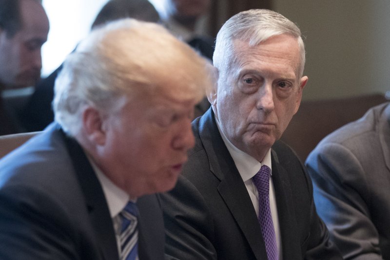 U.S. Defense Secretary Jim Mattis listens to President Donald Trump during a meeting in the Cabinet Room of the White House on March 8, 2018. File Photo by Michael Reynolds/UPI