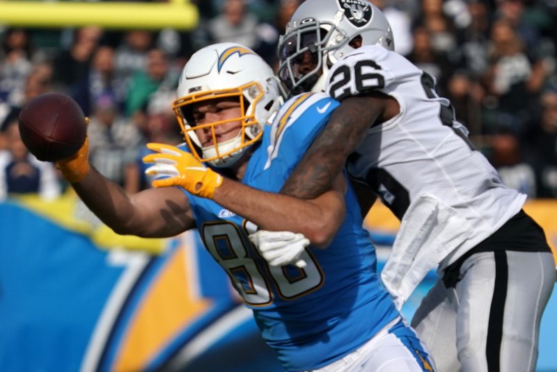Los Angeles Chargers tight end Hunter Henry (L) is my top option at the position in Week 12. File Photo by Jon SooHoo/UPI
