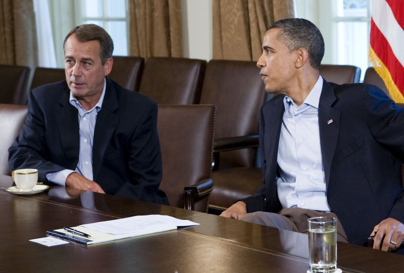 President Barack Obama meets with Speaker of the House John Boehner (L) and other congressional leaders in the Cabinet Room of the White House on July 23, 2011. The negotiations to raise the national debt ceiling collapsed yesterday after Speaker Boehner walked out of the talks. UPI/Kristoffer Tripplaar/Pool | <a href="/News_Photos/lp/9807aba3c1b8fbdaf2e8ae7510d3cf2d/" target="_blank">License Photo</a>