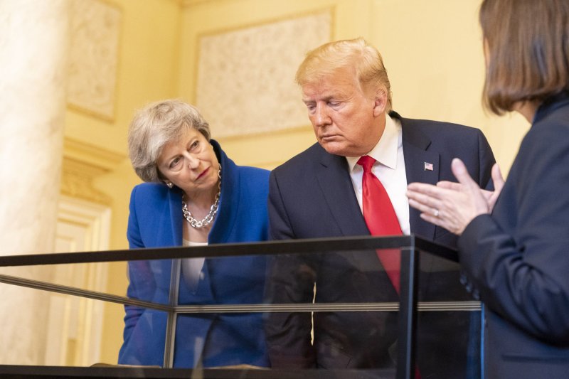 British Prime Minister Theresa May and U.S. President Donald Trump view a displayed copy of the Declaration of Independence Tuesday at No. 10 Downing Street in London. Photo by Shealah Craighead/The White House/UPI