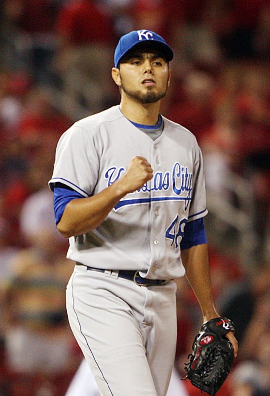 Kansas City Royals pitcher Joakim Soria pumps his fist after the final out of the game at Busch Stadium in St. Louis on June 18, 2008. Kansas City won the game 3-2. (UPI Photo/Bill Greenblatt)