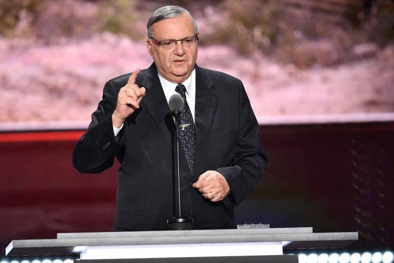Joe Arpaio, sheriff of Maricopa County, Ariz., pictured during his speech at the 2016 Republican National Convention, was charged Tuesday with criminal contempt for repeatedly disobeying court orders to discontinue a pattern of stopping Hispanic people who have not committed crimes. File photo by Kevin Dietsch/UPI