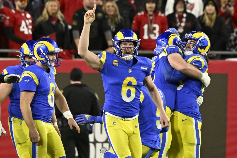 Los Angeles Rams punter and holder Johnny Hekker (6) celebrates the game-winning field goal against the Tampa Bay Buccaneers on Sunday at Raymond James Stadium in Tampa, Fla. Photo by Steve Nesius/UPI