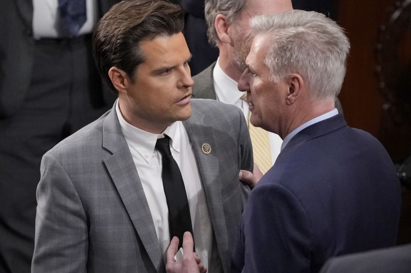 Rep. Matt Gaetz, R-Fla., (L) filed a formal motion Monday to remove House Speaker Kevin McCarthy (R) from his leadership post, 