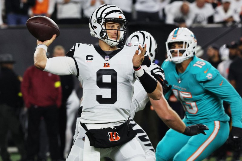 Cincinnati Bengals quarterback Joe Burrow throws while under pressure from the Miami Dolphins on Thursday at Paycor Stadium in Cincinnati. Photo by John Sommers II/UPI