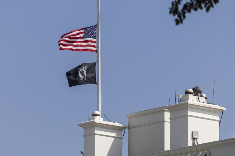 The U.S. flag flies at half-staff above the White House in Washington, DC, on August 27, after a suicide bomber from ISIS-K killed more than 100 people, including 13 US troops, outside Hamid Karzai International Airport in Kabul, Afghanistan a day prior. File Photo by Jim Lo Scalzo/UPI | <a href="/News_Photos/lp/2c41e5ae053ad850ee7f237a743e7c31/" target="_blank">License Photo</a>
