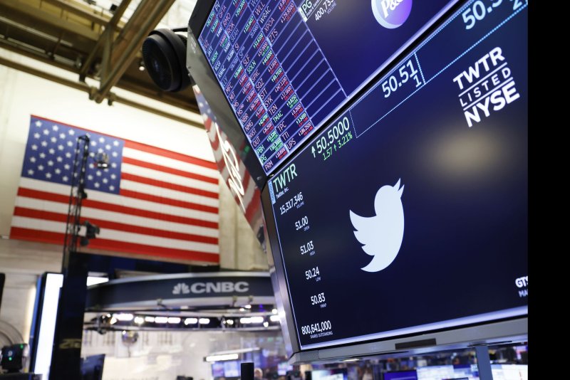 The Twitter logo is seen on a display at the New York Stock Exchange in New York City on April 25. Shares of the company declined on Monday over Elon Musk's attempt to back out of an agreement to buy the social platform. File Photo courtesy Tesla/UPI