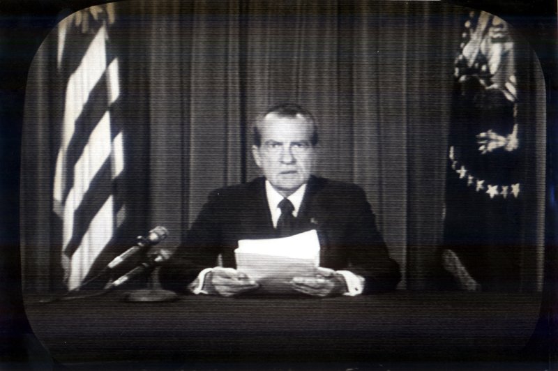 President Richard Nixon resigns from the office of the president, August 8, 1974, following his role in the Watergate scandal. On May 17, 1973, the U.S. Senate Watergate Committee opened hearings into a break-in at Democratic National headquarters in Washington. File Photo courtesy CBS