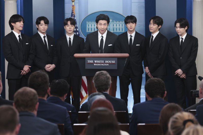 K-pop superstars BTS shown here speaking earlier this year at the White House, will bring original content to streamer Disney+, the group's management company and Disney announced Tuesday. File Photo by Oliver Contreras/UPI | <a href="/News_Photos/lp/a7b4bcc6f2e5f7da3a345b967df927d9/" target="_blank">License Photo</a>