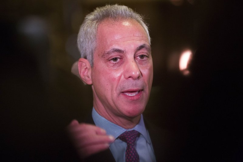 Then-Chicago Mayor Rahm Emanuel speaks to reporters at Trump Tower in New York City in 2016. Emanuel on Saturday was confirmed as U.S. ambassador to Japan. File Photo by John Taggart/UPI