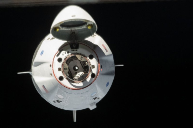 SpaceX's Dragonship Endeavor is shown in a NASA image from May 31, 2020. The craft successfully undocked from the ISS on Sunday with four astronauts onboard and is scheduled to splash down in the Atlantic Ocean at 12:07 a.m. EDT on Monday. File Photo by NASA/UPI