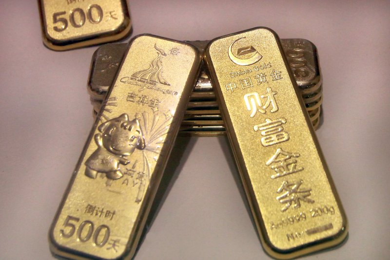 Small collectible gold bullion bars are sold at a major gold shop in Beijing on November 26, 2012. Border Patrol officers in Cincinnati said they found gold bars worth more than $67,000 last week in a package valued at $125. File Photo by Stephen Shaver/UPI