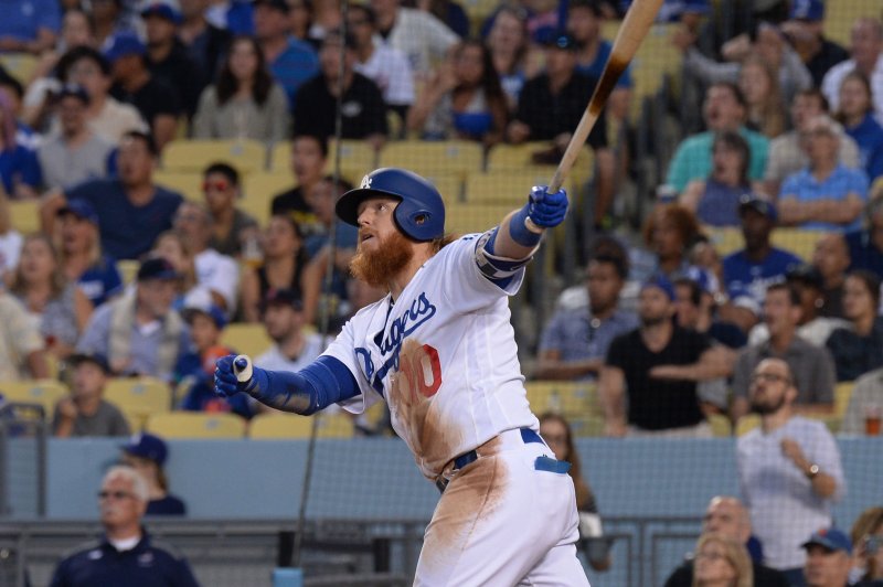 Los Angeles Dodgers' Justin Turner hits a home run. File photo by Jim Ruymen/UPI