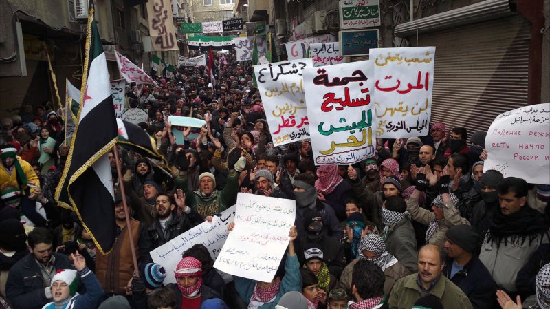 Syrians protest against Syria's President Bashar al-Assad, in Yabroud near Damascus March 2, 2012. More than 7,600 people have been killed in violence across Syria since anti-regime protests erupted in March 2011, according to the Syrian Observatory for Human Rights. UPI..