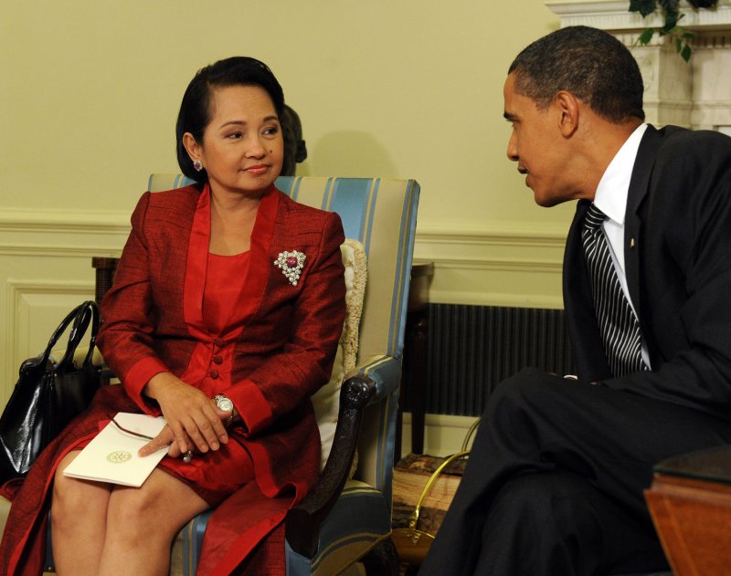 U.S. President Barack Obama meets with former Philippine President Gloria Arroyo in the Oval Office of the White House in Washington on July 30, 2009. Arroyo was freed from hospital detention Tuesday after the Philippine Supreme Court said evidence against her in a plundering case was insufficient. File Photo by Roger L. Wollenberg/UPI | <a href="/News_Photos/lp/4f632541be57fb04f2dddd17bbab91b2/" target="_blank">License Photo</a>