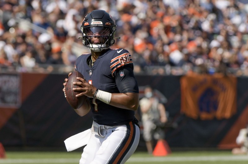 Chicago Bears quarterback Justin Fields, shown Sept. 19, has completed 48.1% of his passes for 347 yards with two interceptions this season. File Photo by Mark Black/UPI