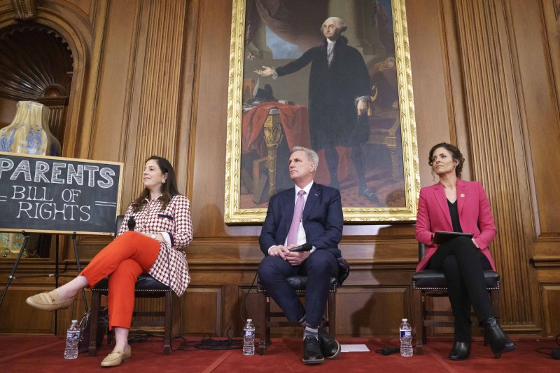 House Republican Conference Chairwoman Elise Stefanik, R-N.Y. (L-R), Speaker of the House Kevin McCarthy, R-Calif., and Rep. Julia Letlow, R-La., look on during a news conference on the introduction of the so-called Parents Bill of Rights at the U.S. Capitol on March 1. The bill passed along near party lines on Friday. Photo by Bonnie Cash/UPI