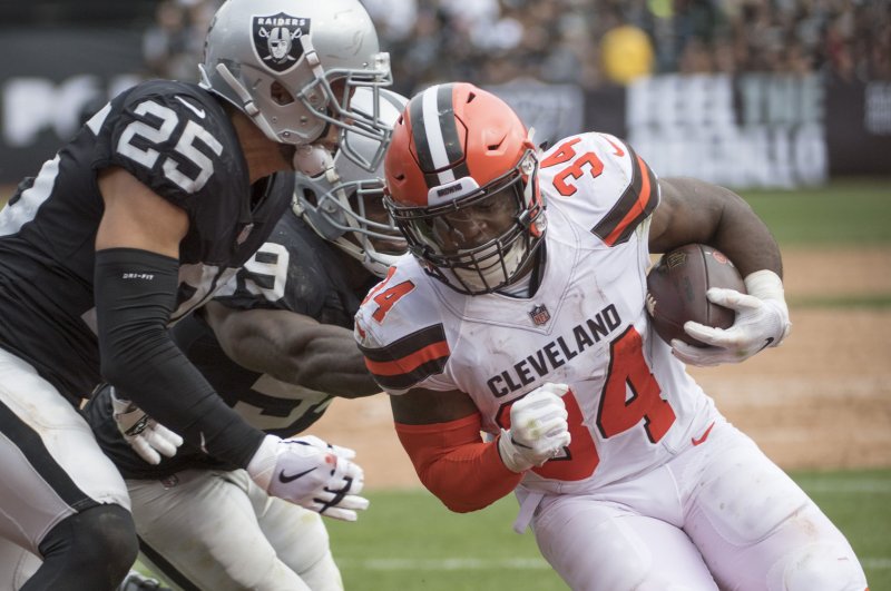 The Cleveland Browns traded running back Carlos Hyde (34) to the Jacksonville Jaguars in October. Jacksonville released Hyde Friday to save salary cap space for 2019. File Photo by Terry Schmitt/UPI
