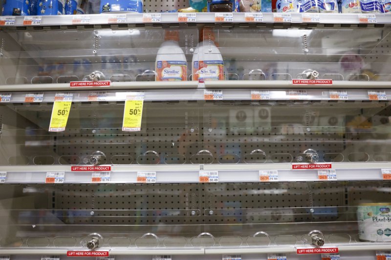 Shelves that usually contain infant formula are nearly empty on Monday at a store in New York City, amid a shortage in the United States. Photo by John Angelillo/UPI