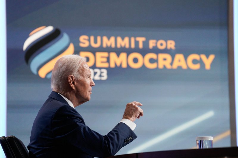 U.S. President Joe Biden speaks Wednesday during the Summit for Democracy Virtual Plenary, calling for "greater freedom, greater dignity and greater democracy" in remarks from the White House. Photo by Yuri Gripas/UPI