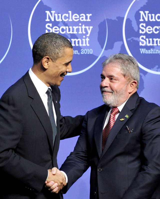 United States President Barack Obama welcomes President Luiz Inácio Lula da Silva of Brazil to the Nuclear Security Summit at the Washington Convention Center, Monday, April 12, 2010 in Washington, DC. UPI/Ron Sachs/Pool