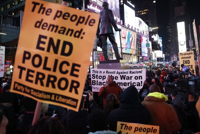 Protesters demand police reform at a demonstration in Times Square in New York City on Friday after the beating death of Tyre Nichols during a traffic stop in Memphis. Photo by John Angelillo/UPI