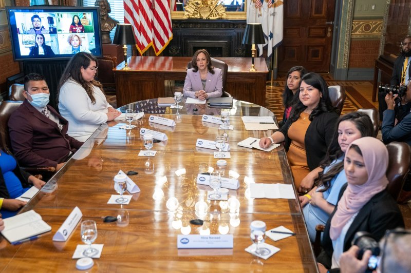 Vice President Kamala Harris meets with DACA recipients in 2021. The Biden administration said Thursday it is proposing a new rule allowing DACA immigrants to get healthcare. File Photo by Ken Cedeno/UPI