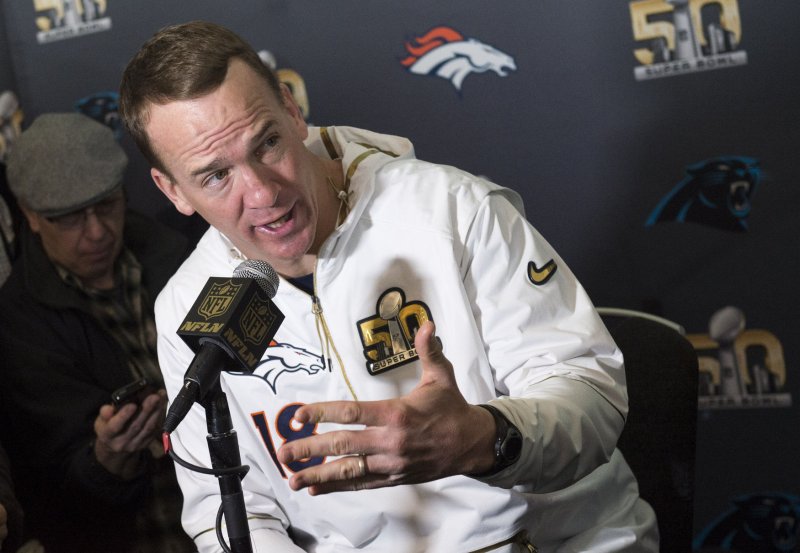 Denver Broncos quarterback Peyton Manning speaks to the media in Santa Clara, California on February 2, 2016. The Denver Broncos will play the Carolina Panthers in Super Bowl 50 on Sunday, February 7. Photo by Kevin Dietsch/UPI