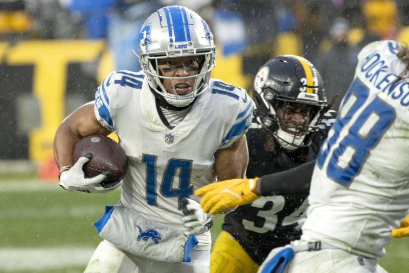Detroit Lions wide receiver Amon-Ra St. Brown (14) will not play in Week 4. File Photo by Archie Carpenter/UPI | <a href="/News_Photos/lp/9fc202728d237be767da2b67af673ef3/" target="_blank">License Photo</a>