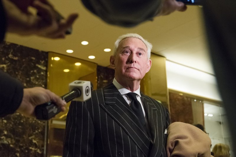 Roger Stone addresses members of the media in the lobby of Trump Tower in New York on December 6 after meeting with Donald Trump. Stone has acknowledged that he had contact on Twitter with Guccifer 2.0, the online person believed by U.S. intelligence to be a front for Russian intelligence officials. Pool Photo by Albin Lohr-Jones/UPI