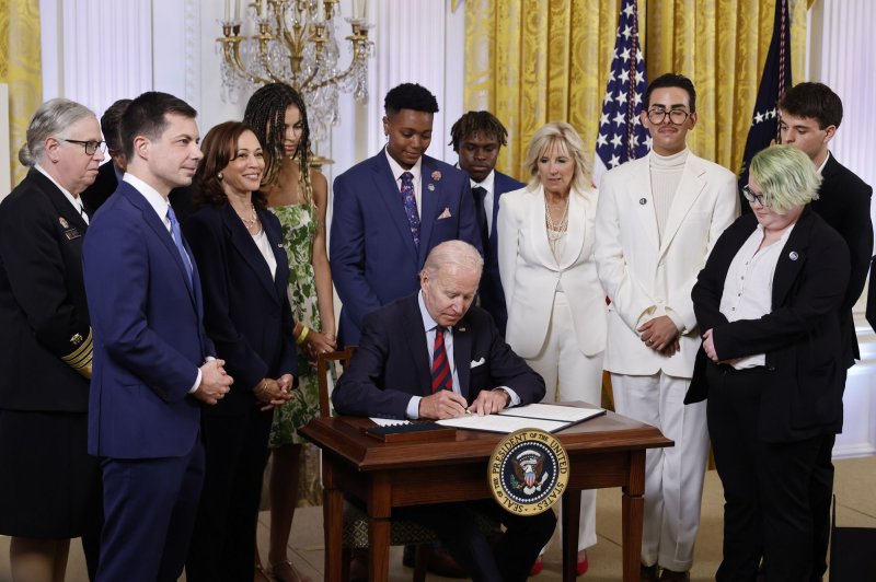 President Joe Biden signs an executive order during a Pride Month event in the East Room of the White House in Washington, D.C., on Wednesday. Photo by Ting Shen/UPI | <a href="/News_Photos/lp/6ec6f74ef1c34b2ca12caf068d585301/" target="_blank">License Photo</a>