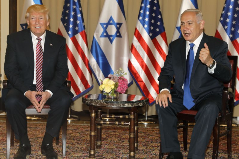 Israel's Prime Minister Benjamin Netanyahu (R) and U.S. President Donald Trump meet in Jerusalem on Monday. Photo by Menahem Kahana/UPI