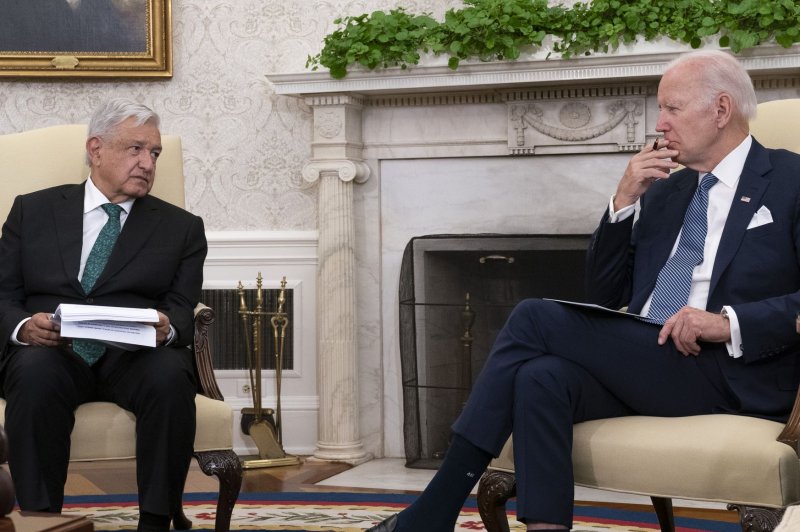President Joe Biden meets with President Andrés Manuel López Obrador of Mexico Tuesday at the White House in Washington, D.C. Photo by Chris Kleponis/UPI | <a href="/News_Photos/lp/31a6acce28961b3163246120394e9566/" target="_blank">License Photo</a>