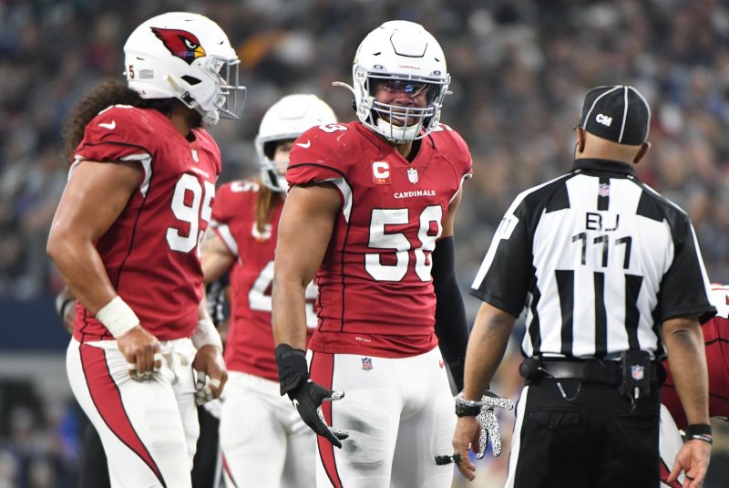 Arizona Cardinals inside linebacker Jordan Hicks (58), shown Jan. 2, 2022, signed with the team in 2019 and recorded 100-plus tackles in all three of his seasons in Arizona. File Photo by Ian Halperin/UPI