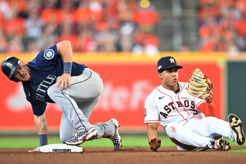 Seattle Mariners outfielder Jarred Kelenic (L) is hitting .351 this season and hit a home run in each of his last three games. File photo by Maria Lysaker/UPI