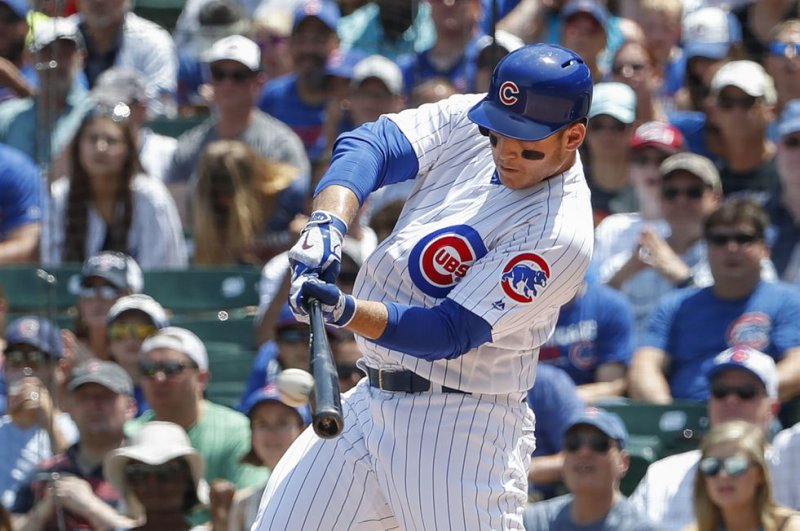 Chicago Cubs' Anthony Rizzo hits a base hit and drives in a run. File photo by Kamil Krzaczynski/UPI
