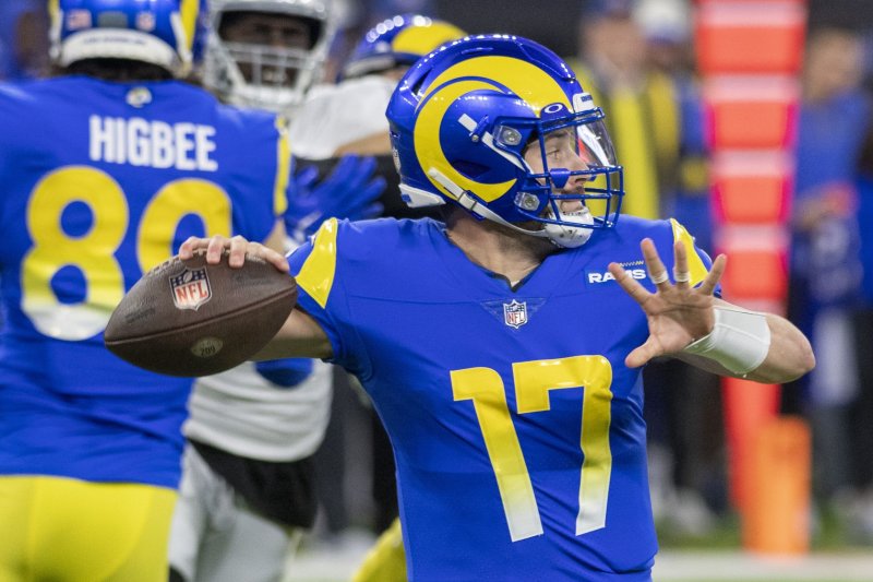 Los Angeles Rams quarterback Baker Mayfield throws a pass against the Las Vegas Raiders on Thursday at SoFi Stadium in Inglewood, Calif. Photo by Mike Goulding/UPI