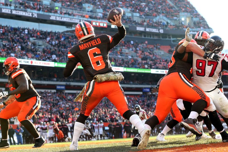 Cleveland Browns quarterback Baker Mayfield throws a pass from his own end zone against the Atlanta Falcons on Sunday at First Energy Stadium in Cleveland. Photo by Aaron Josefczyk/UPI
