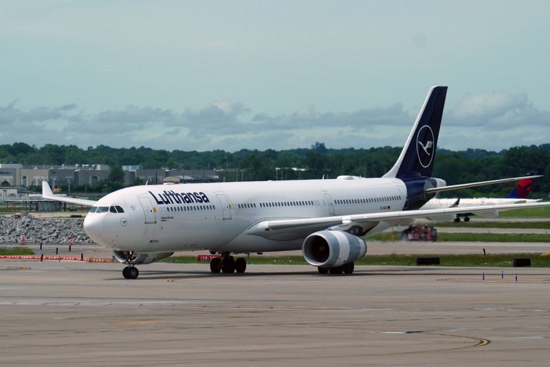 A Lufthansa Airbus A330-300 taxis upon arrival at St. Louis-Lambert International Airport in St. Louis on June 1, 2022. A Lufthansa passenger flight was forced to land in Virginia because of turbulence Wednesday night. File Photo by Bill Greenblatt/UPI