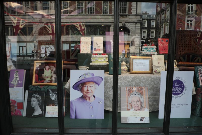 A London bookshop is full of Royal memorabilia on the start of the Platinum Jubilee on Thursday. Photo by Hugo Philpott/UPI | <a href="/News_Photos/lp/4ef04d15a4ea9a8d75d18deac7bc585f/" target="_blank">License Photo</a>