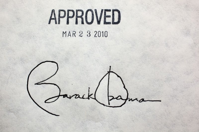 U. S. President Barack Obama's signature on the health insurance reform bill is shown at the White House, March 23, 2010. UPI/Chuck Kennedy/White House