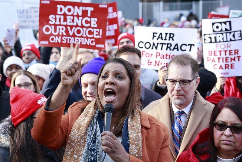 New York Attorney General Letitia James speaks at a nurses strike and rally outside Mount Sinai Hospital on Monday in New York City. Thousands of nurses at two major New York City hospitals went on strike Monday, fighting for higher pay and increased staffing levels. Photo by John Angelillo/UPI