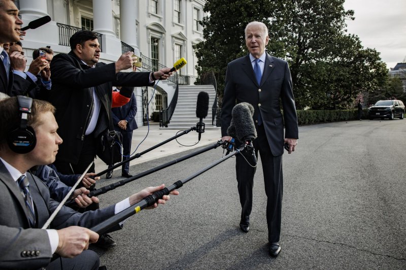 President Joe Biden speaks to reporters at the White House before boarding Marine One in Washington, D.C. on March 23, 2022. Pool photo by Samuel Corum/UPI | <a href="/News_Photos/lp/3535203ddd7c28d2ae1b50c6c0e8ebed/" target="_blank">License Photo</a>